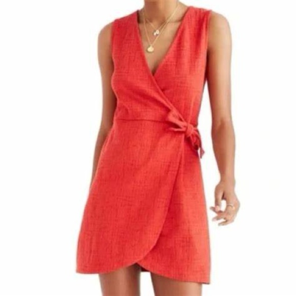 Madewell Crosshatch Side-Tie Mini Dress Red Sleeveless Wrap Style, Size XS